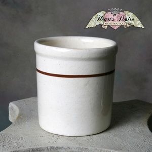 Antique Crock Cream w/Maroon Stripe Crackle Glaze Utensil Holder Plant Holder